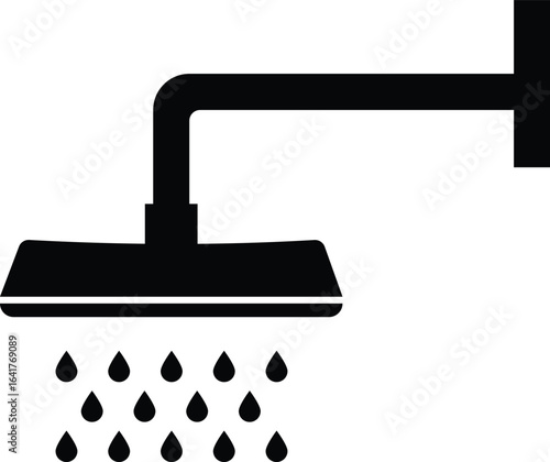 Solid black shower head icon with a wall-mounted pipe and multiple water drops, symbolizing bathroom fixtures, hygiene, cleanliness, plumbing, and modern water systems in home or hotel design.
