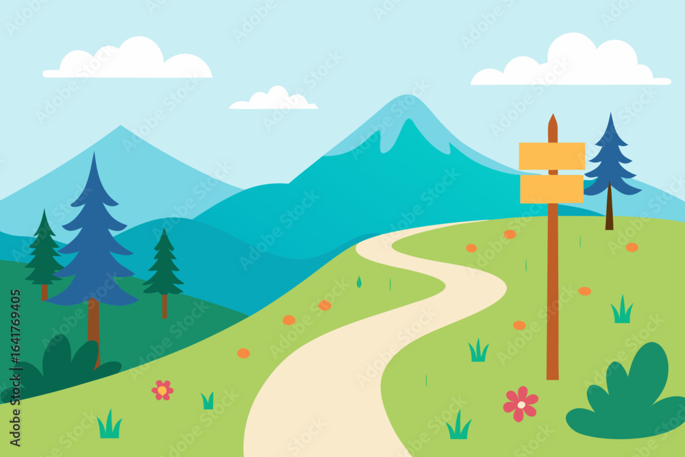 Obraz premium Vector illustration of a summer landscape with a country road leading to green mountains under a cloudy sky
