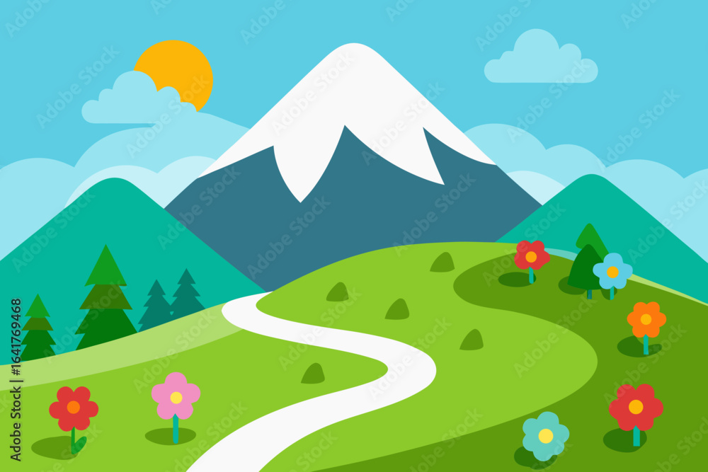 Fototapeta premium Natural mountain landscape with green hills, a vibrant sky, and trees under a summer sun