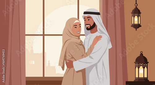 Young Arab couple embracing by window in cozy living room,  Ideal for cultural events, wedding invitations and social events