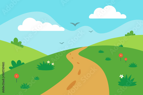 Vector illustration of a vibrant summer landscape with green hills, a blue sky, and fluffy clouds