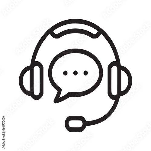 Outline icon of headset with microphone and speech bubble on a white background in vector format