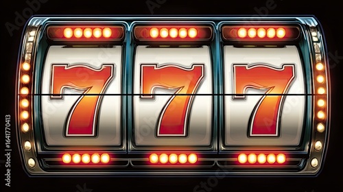 A vintagestyle slot machine shows three sevens illuminated against a dark background