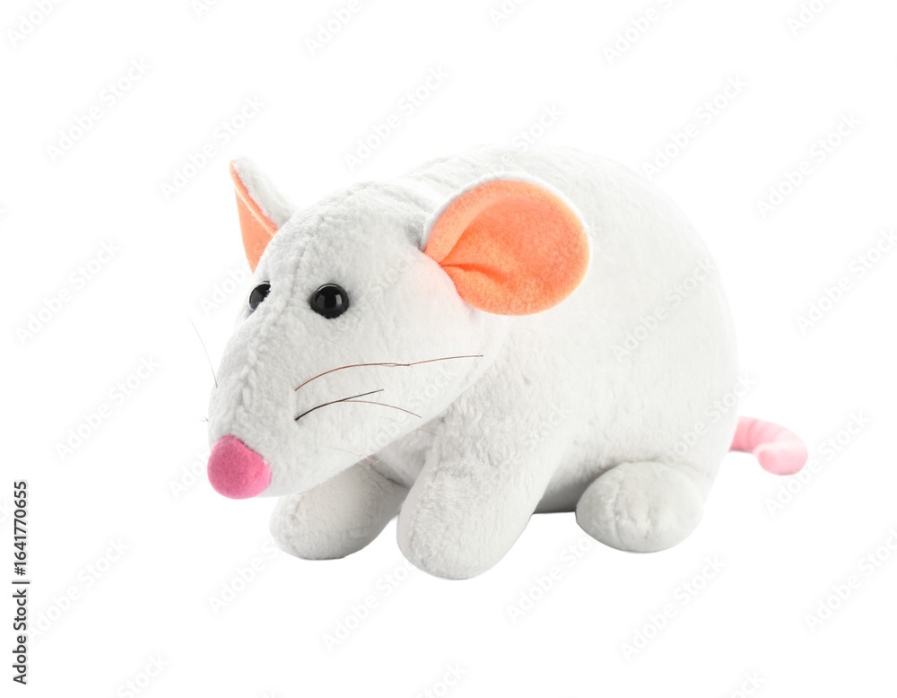 Fototapeta premium A white rat plush toy, isolated on a white background, perfect for use in children's themes, animal-related content, or playful designs.