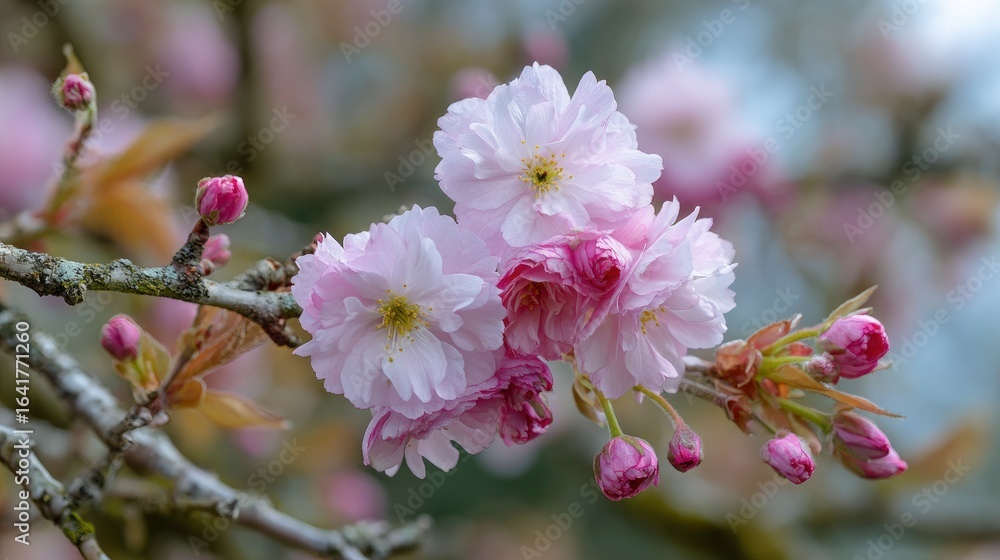 Obraz premium Blossoming pink flowers with yellow centers cluster on a lichencovered tree branch surrounded by closed buds