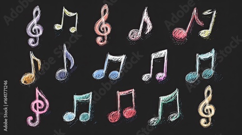 Black background with sketches of colorful music notes and clef symbols arranged in rows