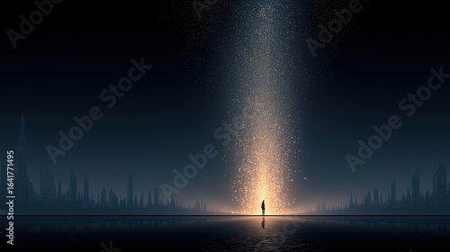 A human under a light symbolizing knowledge and an AI agent and AGI technology using agentic superintelligence in the future for autonomy and the growth of ASI during the singularity