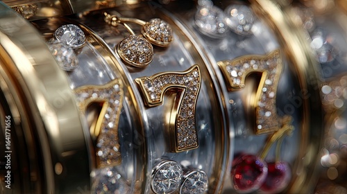 Closeup of a slot machine featuring jeweled symbols like sevens and cherries