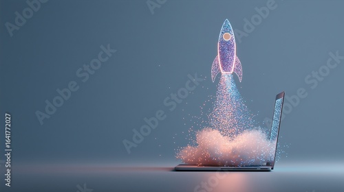 A 3d hologram of a rocket and a laptop computer symbolizing growth of AI agents and AGI technology using superintelligence in the future for autonomy and the success of ASI during the singularity