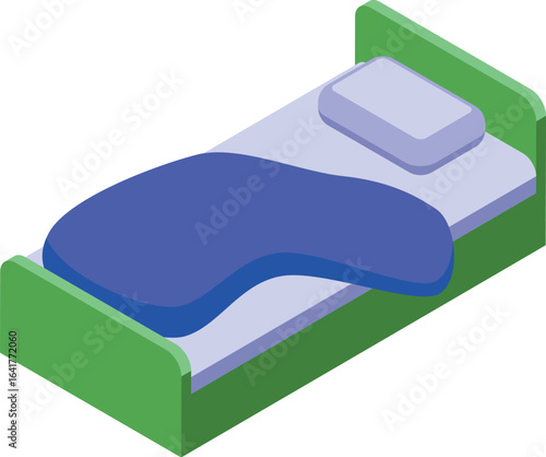 Isometric unmade bed with ruffled blue blanket and white pillow suggesting restless sleep or a quickly abandoned bed