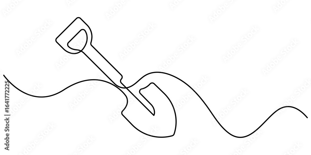Obraz premium Shovel, dig, construction, cleaning one line art. Single line of shovel vector illustration. Continuous line drawing of repair, professional, hand, people, concept, support, maintenance, Pro Editable 
