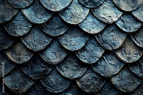 Wallpaper Mural Textured metallic scales in dark blue and silver tones create dramatic dragon-like pattern with rough surface and overlapping elements. Macro photography background. Torontodigital.ca