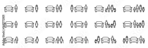 Car and People. Man, woman, family with children, seniors as drivers, vehicle owners or clients of car sharing service. Set of outline icons (thin line vector). Editable Strokes