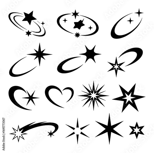 Celestial starbursts and orbiting star shapes sparkle twinkle