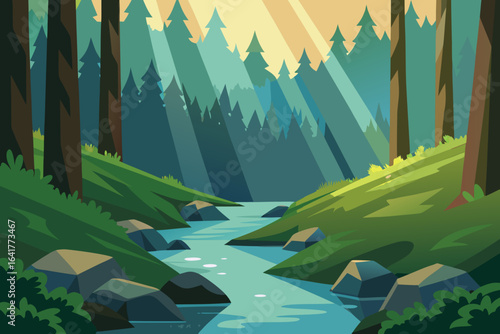 An idyllic mountain and forest landscape with a tranquil river flowing through it, all under a clear blue sky