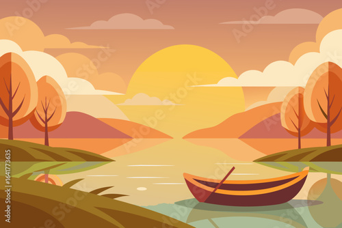 Summer tropical vacation sunset landscape with a boat on the ocean water