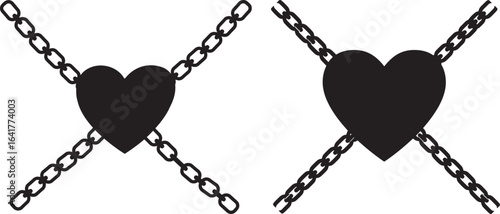 Two black hearts linked by chains silhouette