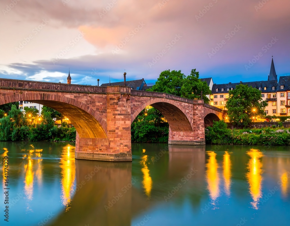 Fototapeta premium Old stone bridge over river at sunset
