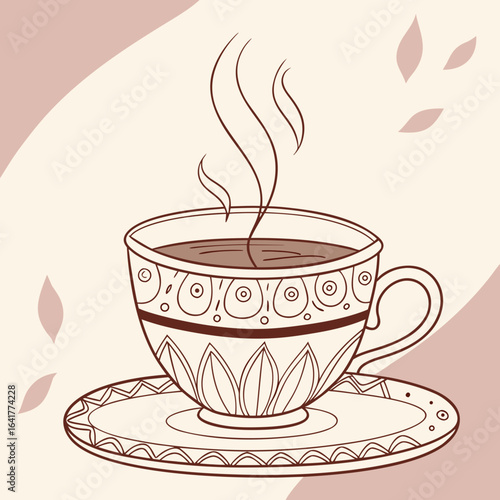 Elegant teacup with steam, detailed line art style, decorative illustration for cozy beverage moments