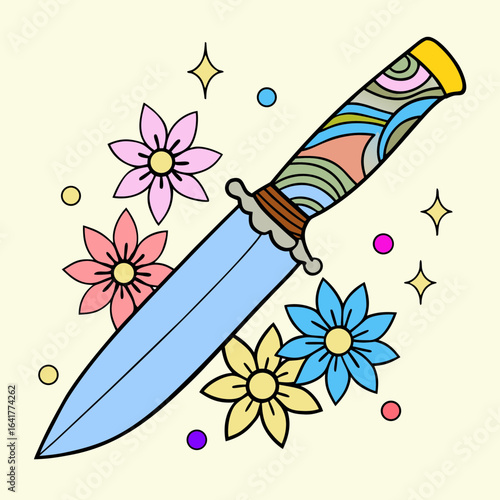 Colorful kitchen knife with floral handle, hand-drawn style, vibrant illustration for culinary arts