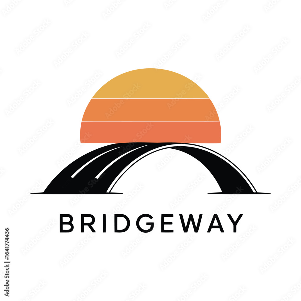 Fototapeta premium Minimalist bridge logo design with circular sunset background for modern branding and architecture themes