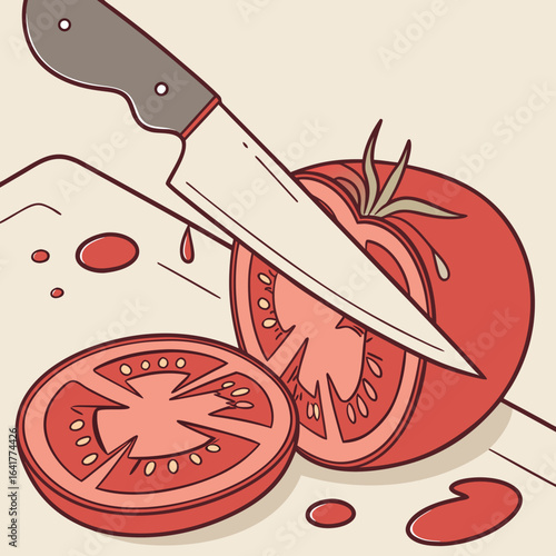 Knife slicing a ripe tomato with juicy slices on a light background in a stylish design