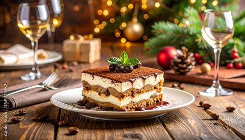 Festive Tiramisu Dessert with Wine and Holiday Decorations