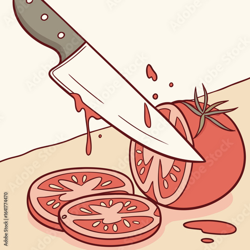 Knife slicing fresh tomato with juicy slices on a light background in an artistic style