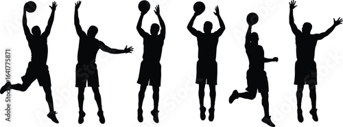 Basketball player silhouette set, jump shot poses, slam dunk motion, dynamic athlete illustration, sports vector graphic, isolated action design