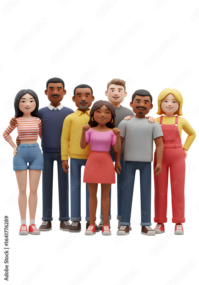 Fototapeta premium Diverse group of individuals stand together in a sign of unity and collaboration. They are smiling and appear to be embracing each other in a supportive way