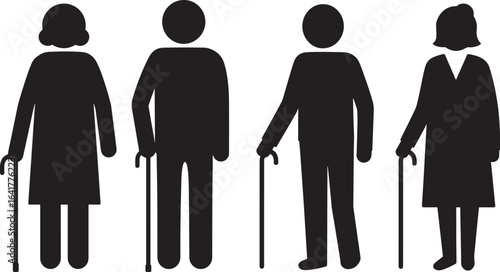 Four elderly people standing with canes silhouette