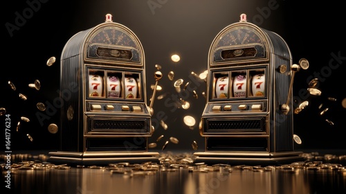 Two slot machines with gold accents surrounded by falling gold coins against a dark background