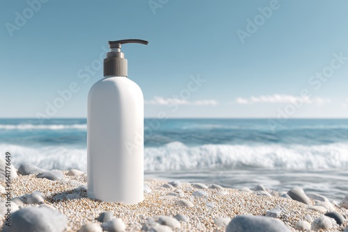White bottle resting on smooth stones by the ocean during a bright sunny day with gentle waves in the background