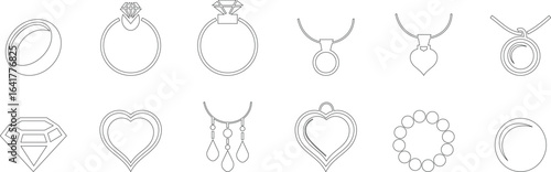 Woman's jewelry icon set elegant vector of rings, neckless, bangles, and watches, in minimalist black silhouette style for fashion design accessory branding E-commerce stores luxury boutique for web