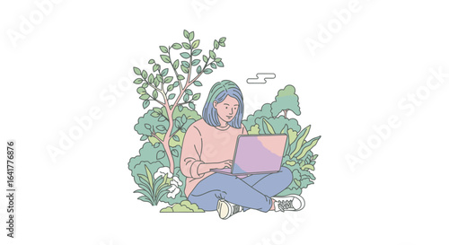 Serene Young Woman Engaged in Remote Work While Sitting Amidst Lush Greenery, Perfectly Blending Nature and Technology for a Refreshing Digital Nomad Lifestyle in a Vibrant Artistic Illustration