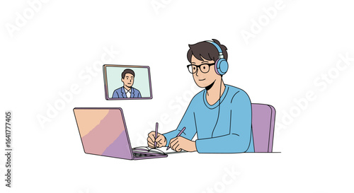 Engaged Young Professional Participating in a Virtual Meeting While Taking Notes on a Laptop, Emphasizing the Rise of Remote Work and Digital Communication in Modern Business Settings