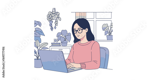 Focused Asian Woman Working on a Laptop in a Cozy Indoor Workspace Surrounded by Lush Green Plants, Ideal for Promoting Remote Work, Home Office Productivity, and Modern Lifestyle Imagery
