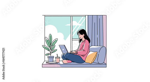 Elegant Young Woman Working Comfortably from Home Sitting on a Cozy Window Seat with a Laptop, Surrounded by Indoor Plants and Natural Light, Perfect for Remote Work and Lifestyle Branding