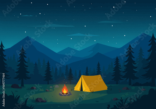 Cozy yellow tent glows under starry night sky beside crackling campfire in serene mountain forest wilderness adventure