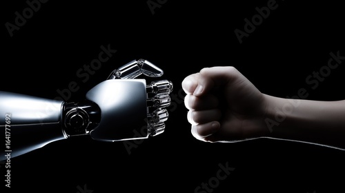 A human and humanoid robot fist bump symbolizing an AI agent and AGI technology using agentic superintelligence in the future for autonomy and the growth of ASI during the singularity