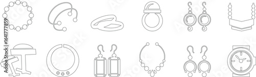 Woman's jewelry icon set elegant vector of rings, neckless, bangles, and watches, in minimalist black silhouette style for fashion design accessory branding E-commerce stores luxury boutique for web