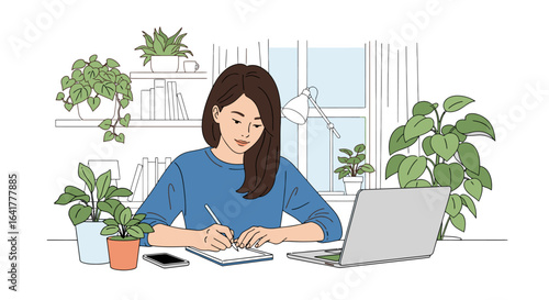 Contemporary Home Office Workspace Scene Featuring a Young Woman Engaged in Creative Writing with Lush Houseplants and Modern Technology, Perfect for Illustrating Productivity and Cozy Work