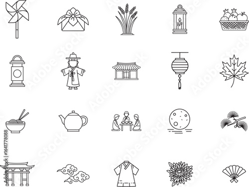 Chuseok Korean Thanksgiving Line Art Icon Set