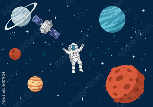 Joyful astronaut floats through vibrant galaxy surrounded by colorful planets and a distant satellite, capturing the wonder of space exploration and discovery.
