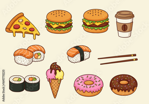 Vibrant collection of popular fast food and sweet treats including pizza, burgers, sushi, donuts, ice cream, and coffee perfect for culinary designs