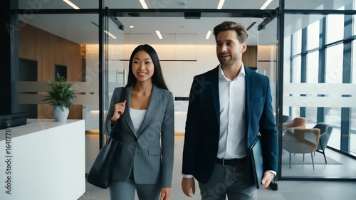 Two business professionals walking through a modern office building, carrying bags, smiling, in a full shot with neutral color tones.