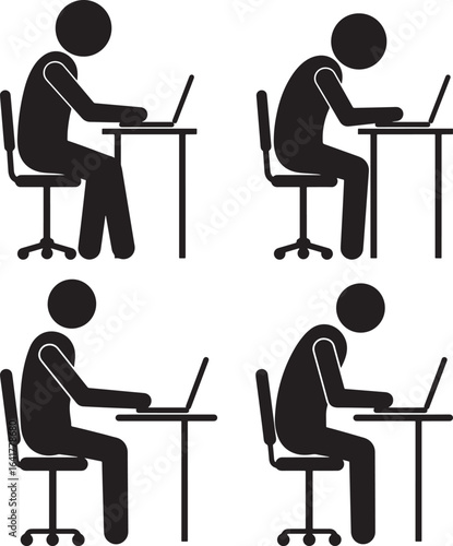 Four figures demonstrating good and bad posture while using a laptop silhouette