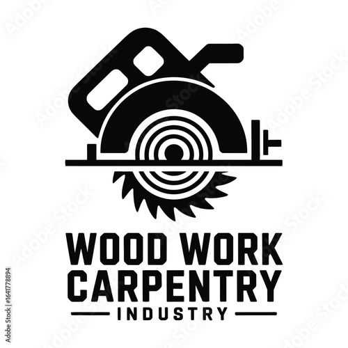 Woodwork carpentry industry logo with circular saw icon vector isolated black and white for construction and craftsmanship branding