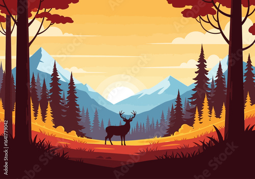 Majestic deer silhouetted against a vibrant sunset sky, standing peacefully in a lush forest clearing with snow-capped mountains in the background, evoking a sense of wilderness and tranquility
