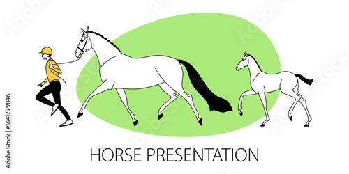 Person leading horse with foal during equestrian presentation